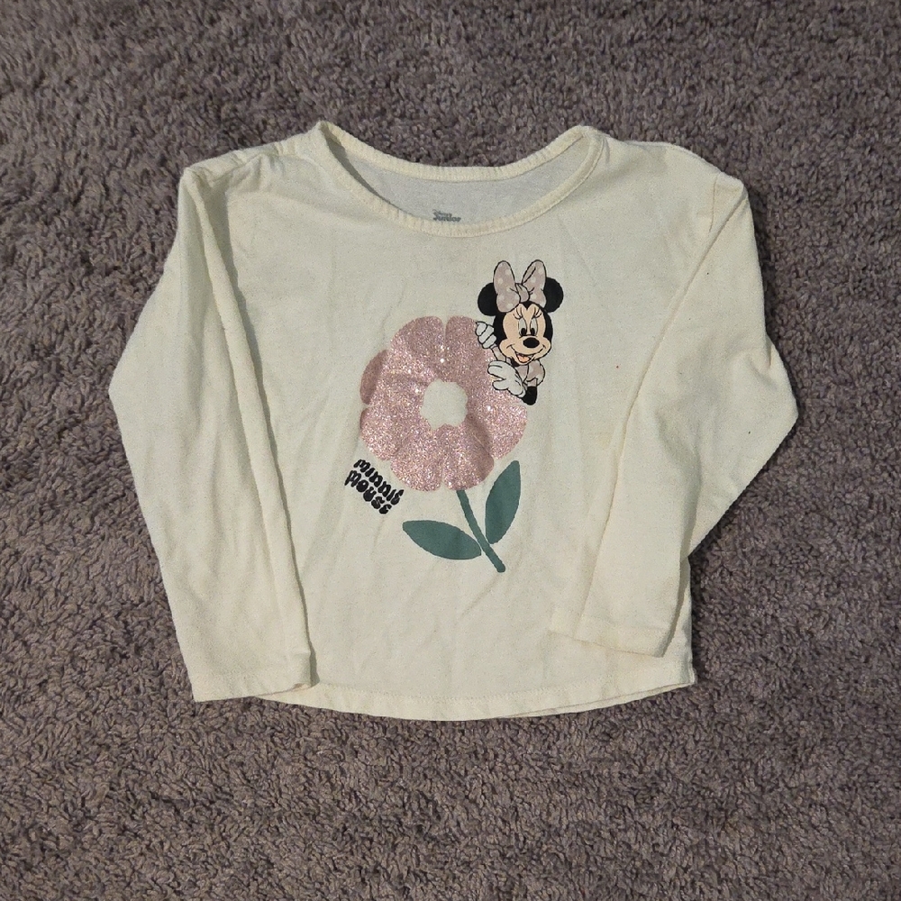 Disney Cream Long Sleeve with Minnie Mouse and Pink Glitter Flower
